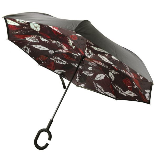 Зонт-трость механический обратного сложения "Листья" корич.