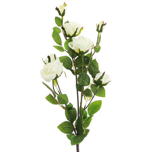 Декоративная ветка "Роза" 73см, 5 цветков, 2 бутона, белый