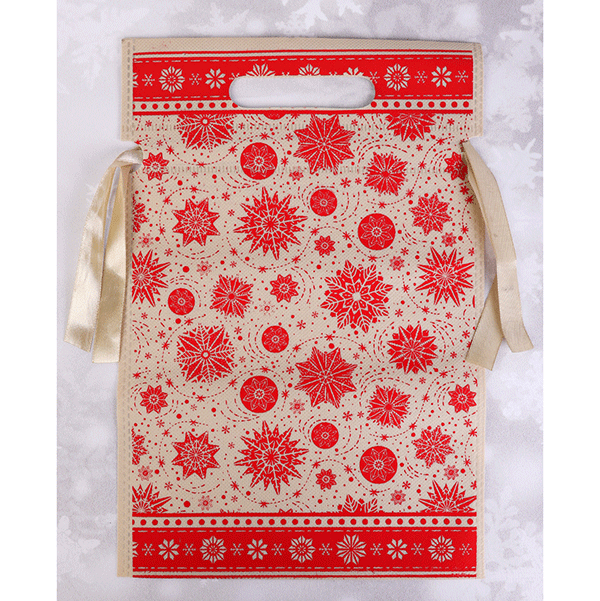 Пакет Мешок для подарков 30х45см Снежинки бежевый с красным