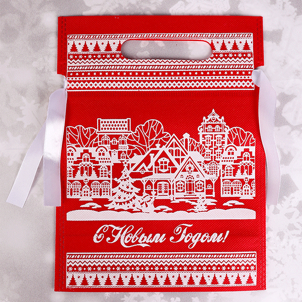 Пакет Мешок для подарков 18х24см Новогодний город красный с белым