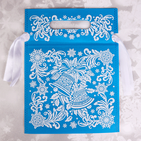 Пакет Мешок для подарков 18х24см Новогодний колокольчик голубой с белым