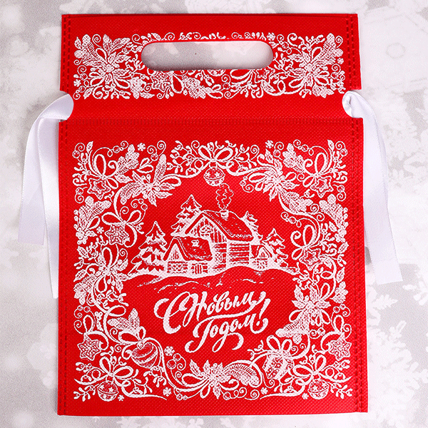 Пакет Мешок для подарков 18х24см Уютная избушка красный с белым