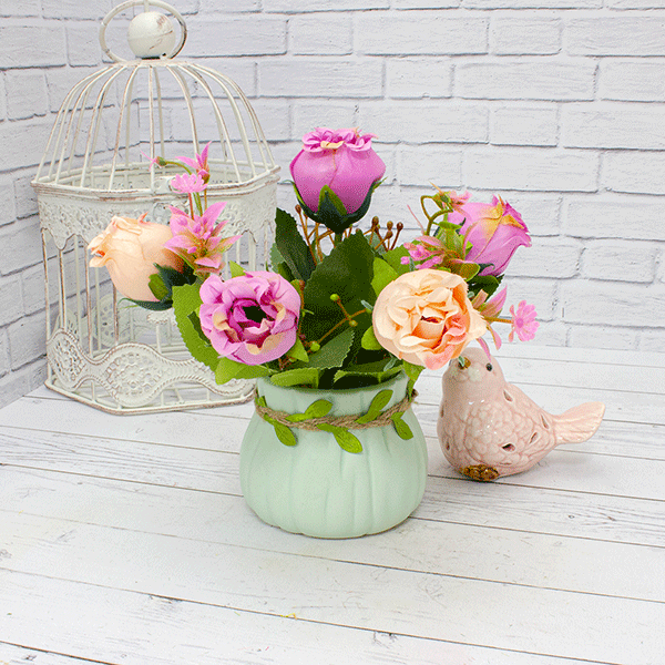 Букет декоративный Розы 20см цветы в роз-фиолет. тонах, мятное кашпо