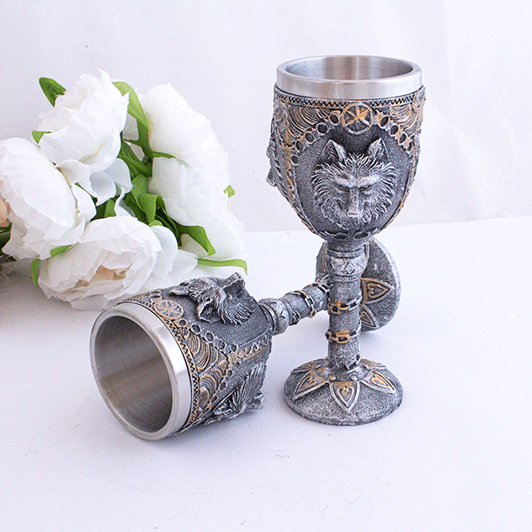 Кубок Три волка 200мл, металл, полистоун 3D, черненное серебро и бронза