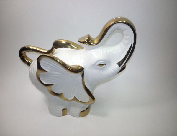 Фигурка слон хобот вверх, фарфор, h-19,5см, белый с золотым декором