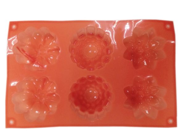 Форма силикон. для выпечки кексов "Цветы микс" 3 вида, 6 яч, 26х17,5см, h3,5см, коралл