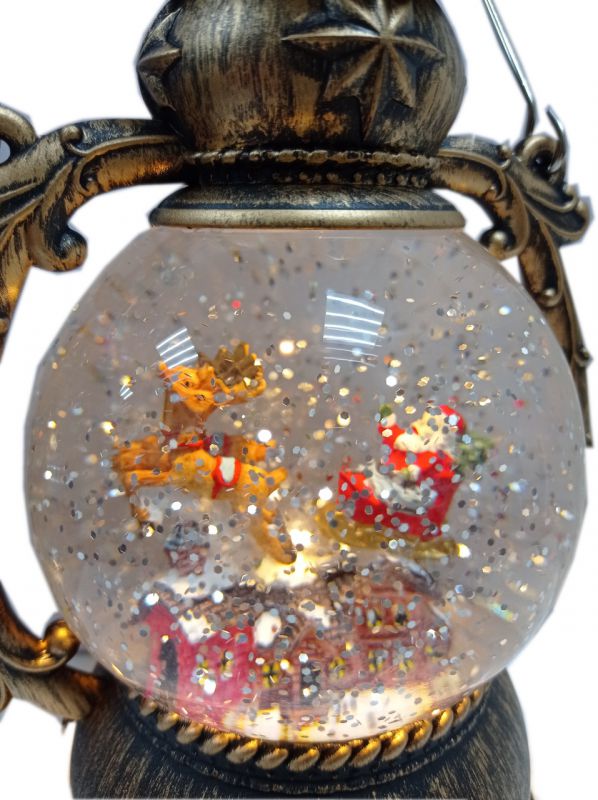 Новогодний фонарь Дед Мороз в санях Олени 21см, под бронзу