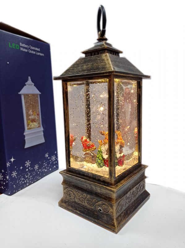 Новогодний фонарь Дед Мороз в санях Олени 25см, муз, под бронзу