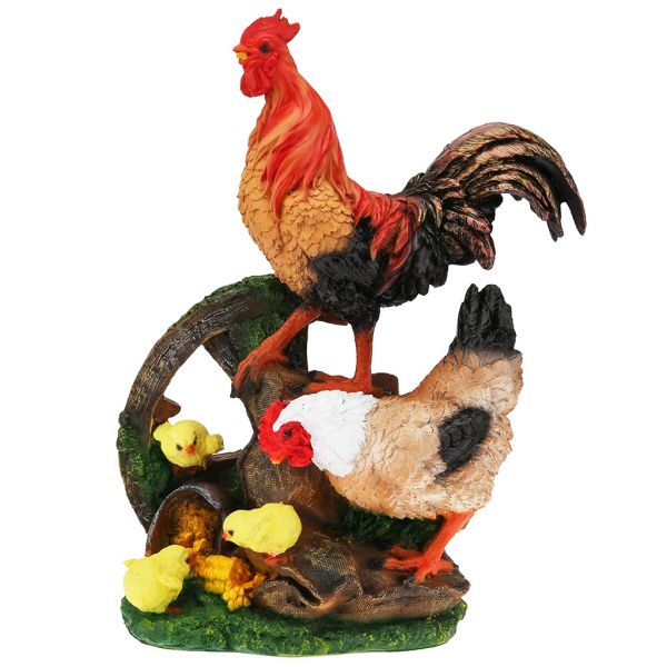 Скульптура-фигура для сада из полистоуна "Куриная семья на колесе" 35х19х45см