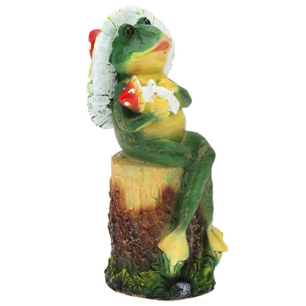 Скульптура-фигура для сада из полистоуна "Лягушка в шляпе на пне" 18х18х26см