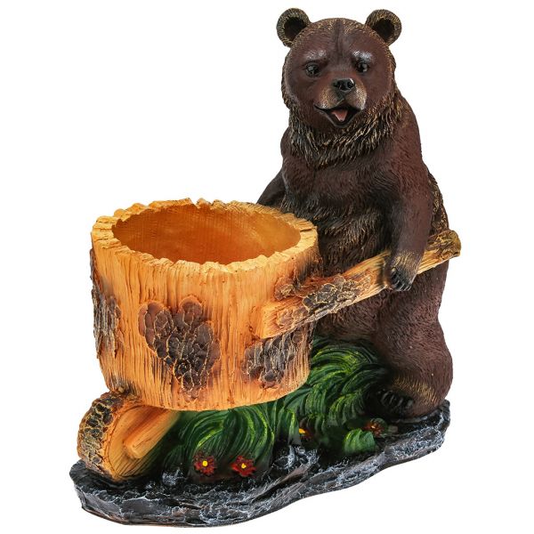 Скульптура-фигура кашпо для сада из полистоуна "Медведь с тележкой" h31см, д11см