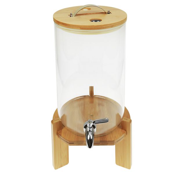 Лимонадник стеклянный с прижимной крышкой "Натурель" 8л, с краником, с термометром, с клапаном, бамбуковая подставка