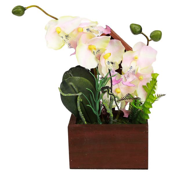 Цветочная композиция "Орхидея" 22см в дерев. кашпо, роз-желтый