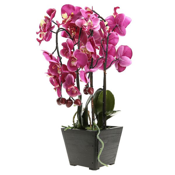 Цветочная композиция "Орхидея" 37см в дерев. кашпо, фуксия