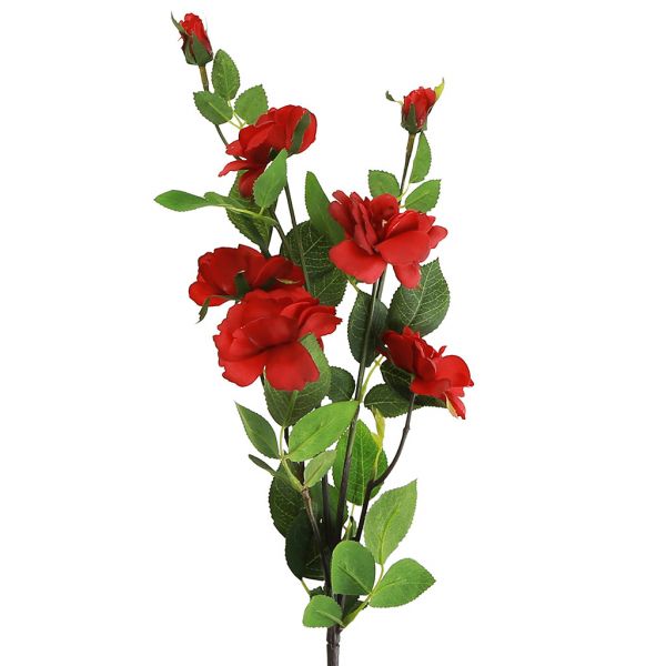 Декоративная ветка "Роза" 73см, 5 цветков, 2 бутона, красный