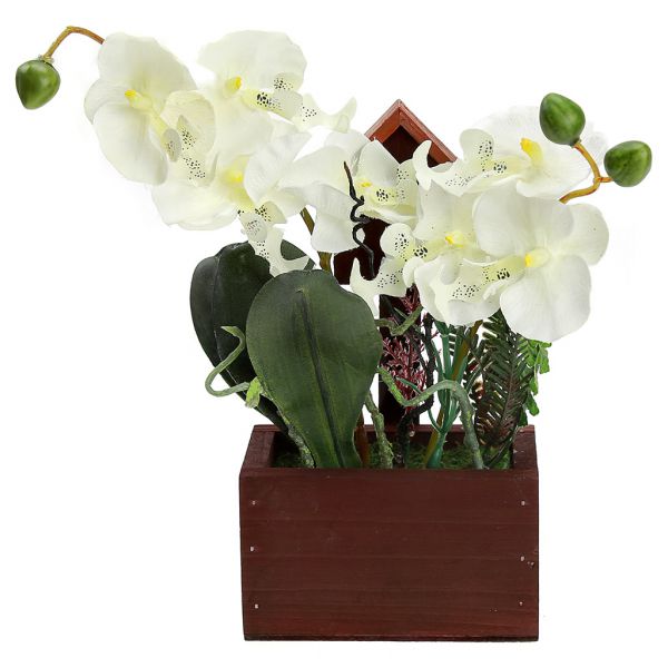 Цветочная композиция "Орхидея" 22см в дерев. кашпо, белый