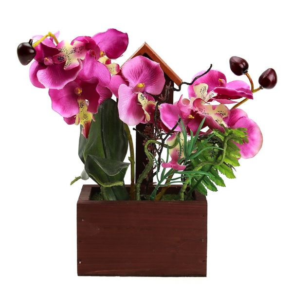 Цветочная композиция "Орхидея" 22см в дерев. кашпо, фуксия