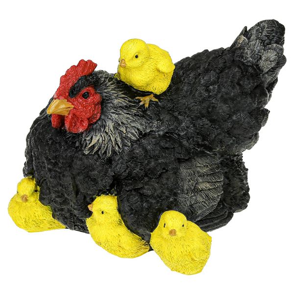 Скульптура-фигура для сада из полистоуна "Курица черная с цыплятами, маленькая" 16х19см