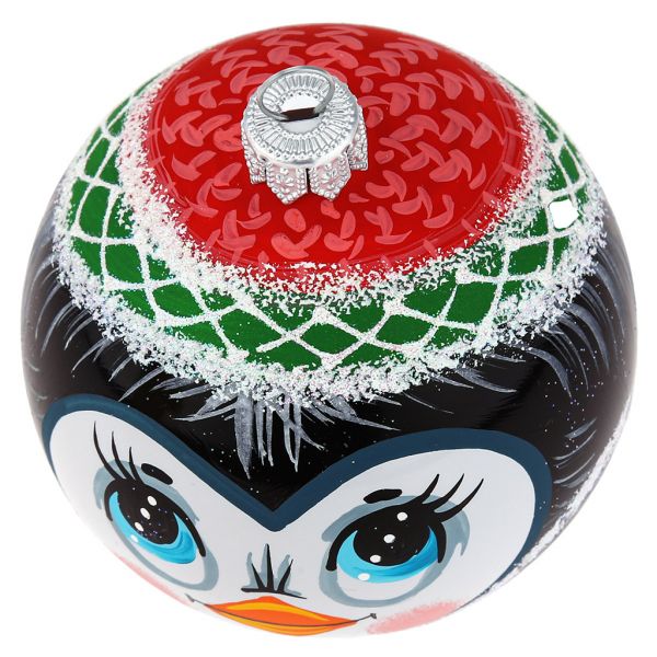 Елочная игрушка шар стеклянная "Пингвин в шапочке" д8см, руч. худ.роспись