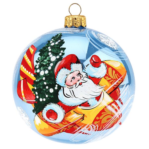 Елочная игрушка шар стеклянная "Дед Мороз на самолете" д10см, руч. худ.роспись