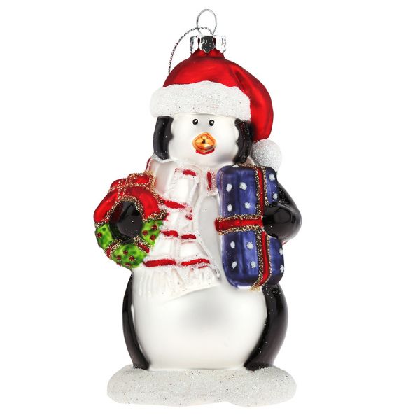 Елочная игрушка фигурка стекл. "Снеговик и Пингвин с подарками" 6,7х6,5х13,8см, руч. худ. роспись