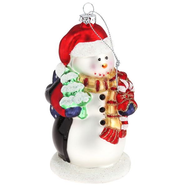 Елочная игрушка фигурка стекл. "Снеговик и Пингвин с подарками" 6,7х6,5х13,8см, руч. худ. роспись