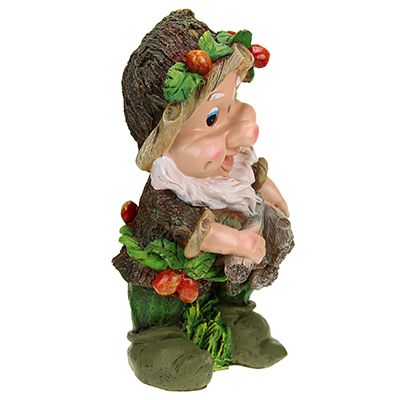 Скульптура-фигура для сада из полистоуна "Гномик с охапкой дров и ягодами на шапке"