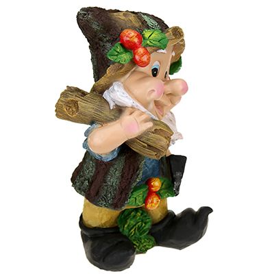 Скульптура-фигура для сада из полистоуна "Гномик с ягодами на шапке и бревном на плече" 25х38см