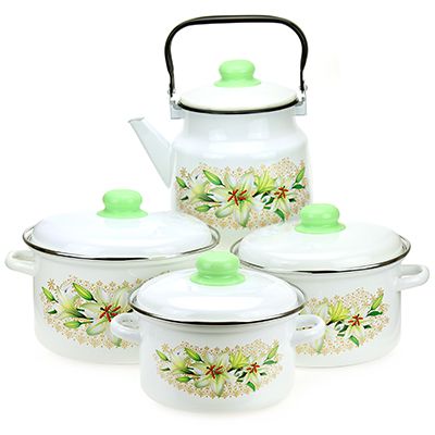 Набор эмал. посуды "Белая лилия" 4пр: кастрюля-2л, 3л, 4л, чайник-3,5л, цил.фор.