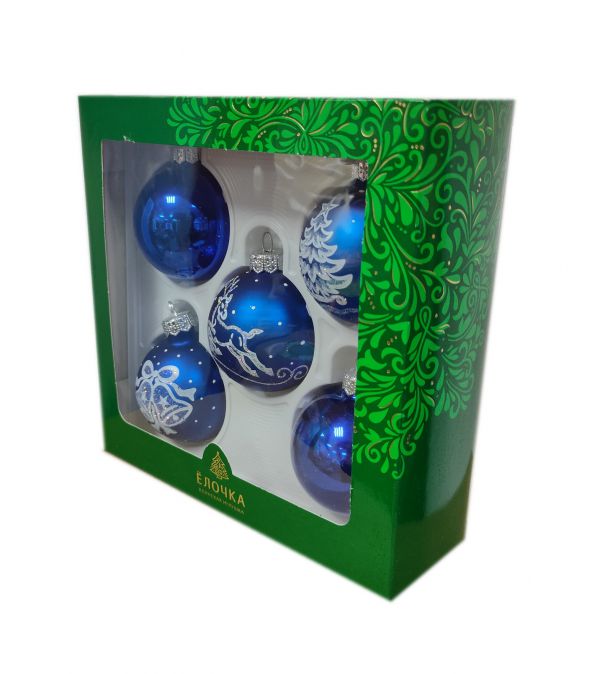 Набор стеклянных елочных игрушек "Зимовье", 5 шаров, цвет в ассортименте