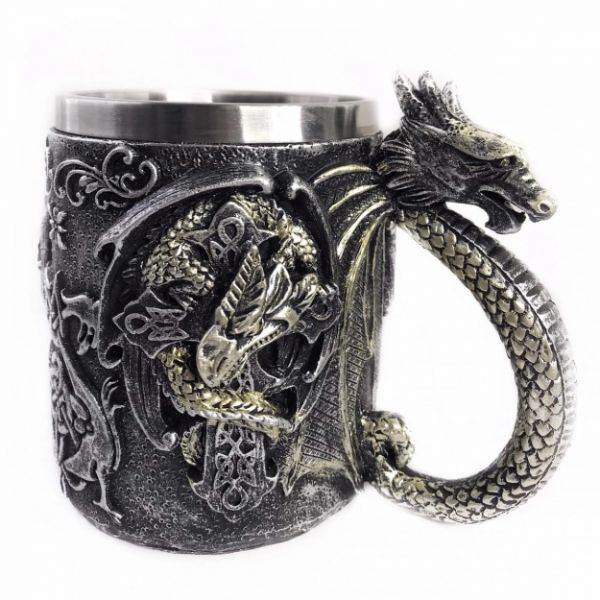 Кружка Дракон 450 мл, металл, полистоун 3D под серебро