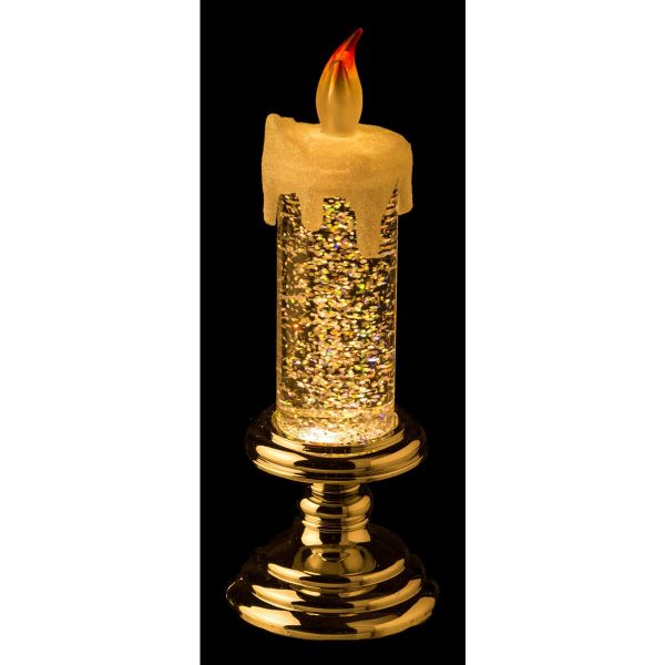 Светильник LED Свеча на ножке с блестками 21,5см золото