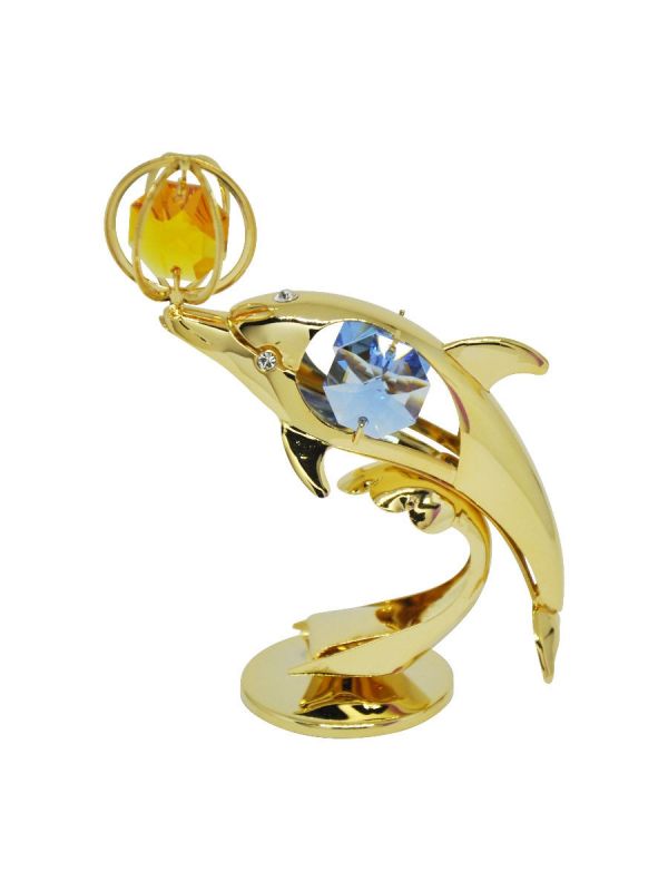 Дельфин с мячом, металл, цветные кристаллы, золото, h6см Cristokraft