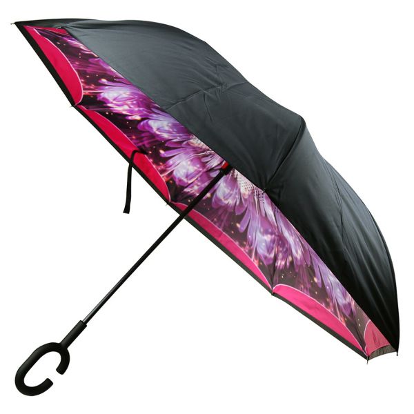 Зонт-трость механический обратного сложения "Хризантема", цвет фуксия