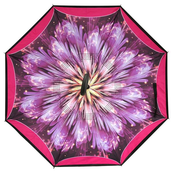 Зонт-трость механический обратного сложения "Хризантема", цвет фуксия