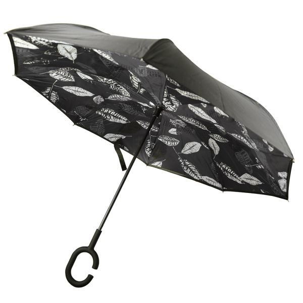Зонт-трость механический обратного сложения "Листья" черный