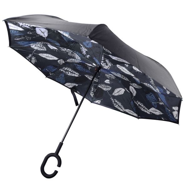 Зонт-трость механический обратного сложения "Листья" синий
