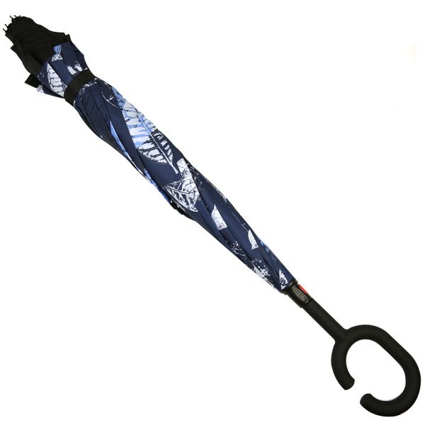 Зонт-трость механический обратного сложения "Листья" синий