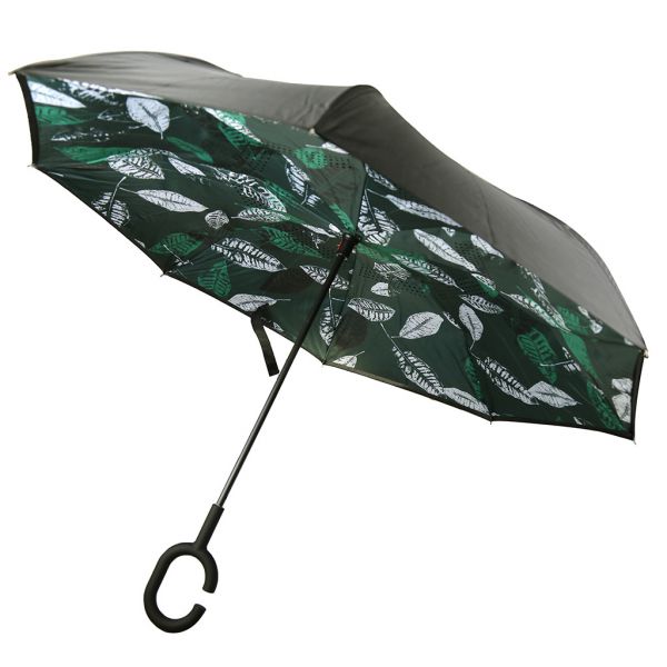 Зонт-трость механический обратного сложения "Листья" зеленый
